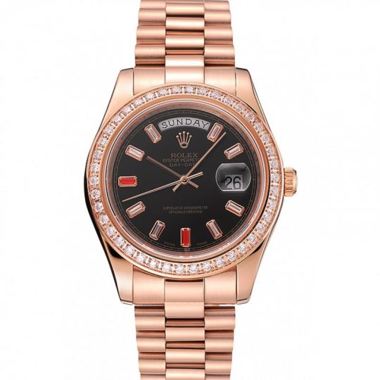 Replica Rolex Day-Date Diamonds Dail And Rubies Black Dial Rose Gold Bracelet 1454102