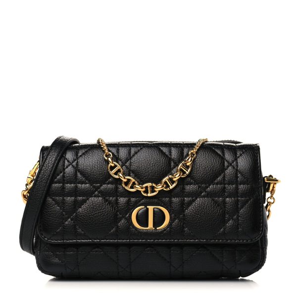 CHRISTIAN DIOR Supple Calfskin Cannage Caro Pouch with Chain Black