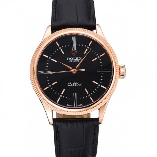 Replica Men Rolex Cellini Clone Time Rose Gold Case Black Dial Black Leather Bracelet 622656