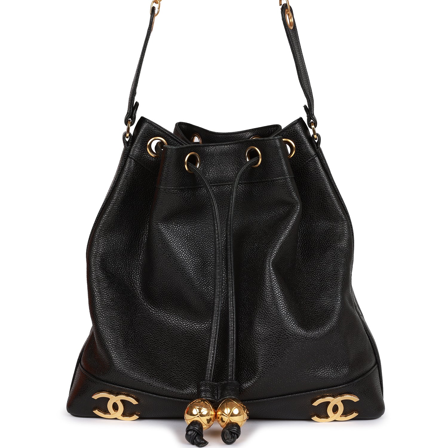 Replica Chanel Vintage CC Bucket Bag Black Caviar Gold Hardware