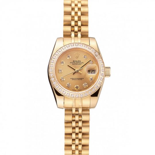 Rolex Replica Lady Datejust Champagne Dial Diamond Bezel Gold Jubilee